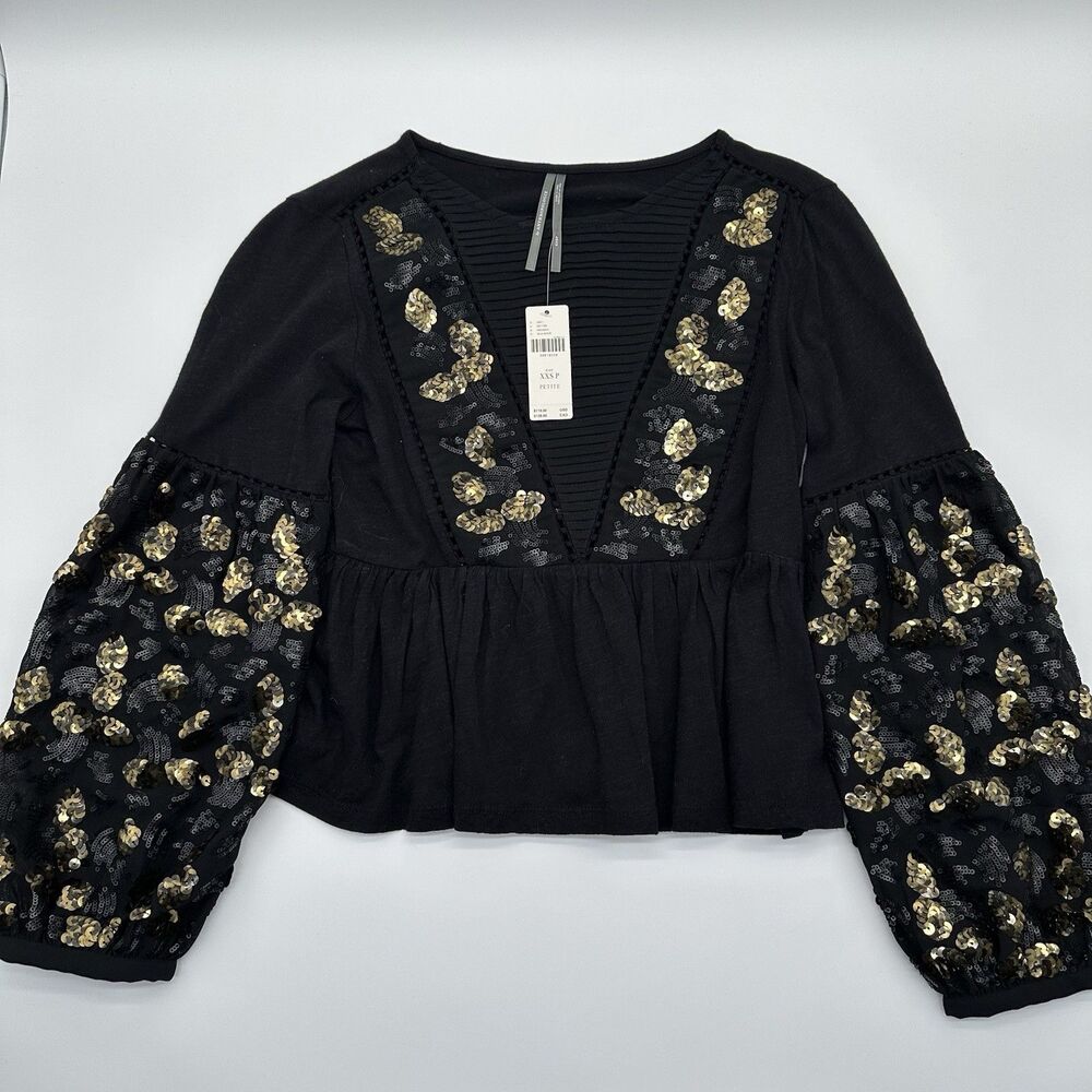 NWT Anthropologie Black/Gold Neale Sequin Peplum Top Size XXS Petite New‎ $118